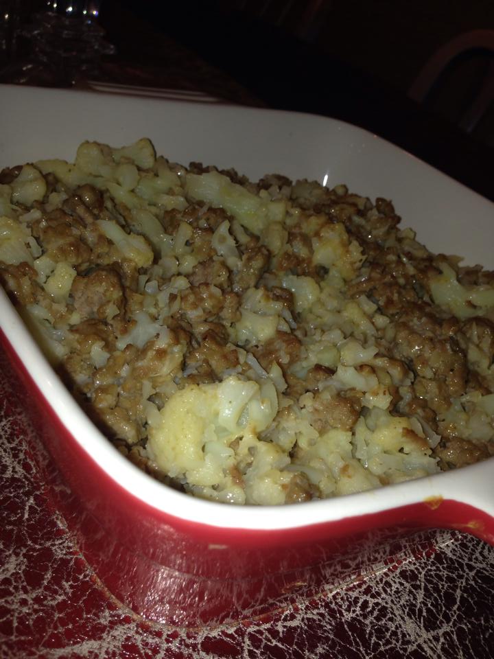 The Finished Product in my casserole dish giving me the rights to call it my Cheeseburger Cauliflower Casserole
